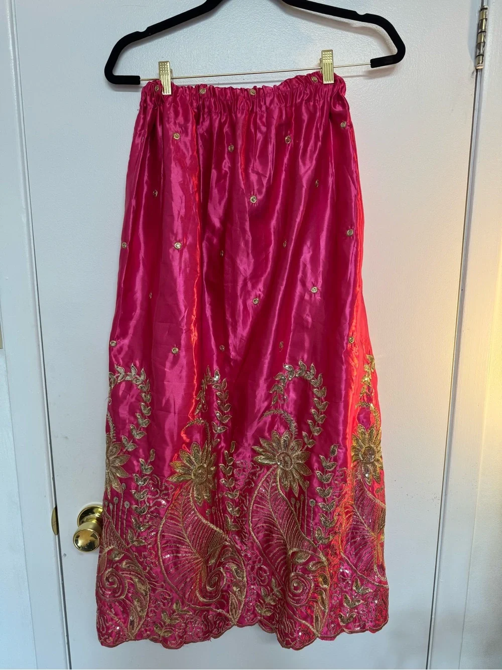 Embroidered Satin Midi Skirt in Hot Pink with Gold Accents - Picture 4 of 8